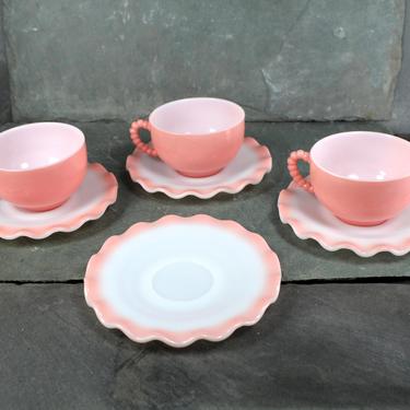 Hazel Atlas Cups and Saucers - Gorgeous Peach/Pink Glass Cups & Saucers - 3 Bubble Handled Cups, 4 Crinoline Edge Saucers | FREE SHIPPING 
