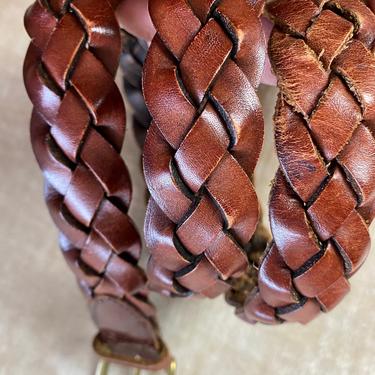 Vintage thick leather belt Braided woven long skinny belts boho hippie brown~ 90’s unisex androgynous trouser belt size M/L 
