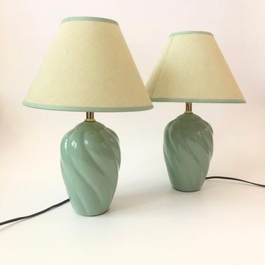 Pair of 1980s Mint Green Embossed Ceramic Table Lamps 