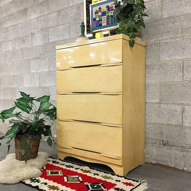 LOCAL PICKUP ONLY Vintage Blonde Wood Bureau Retro 1960s Mid Century Modern Yellow 4 Drawer Tall Dresser with Glossy Finish 