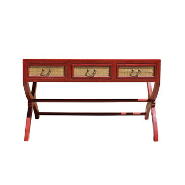Chinese Rough Distressed Red Rattan Cross Leg Writing Desk Table cs5787E 