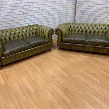 Vintage English Olive Leather Down Filled Chesterfield Loveseats - Pair
