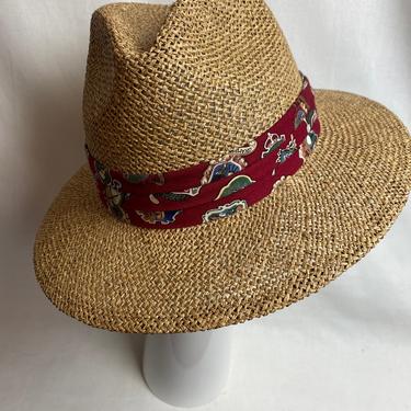 Men’s Panama style woven straw hat~ burgundy red band~ summer vibes~ sun hat~ vintage inspired fedora~ size large 