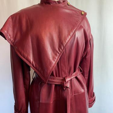 Loewe Luxurious vintage leather coat Full length trench~Burgundy berry red-voluminous Soft like butter gorgeous 3 pc set Size 44 Large 
