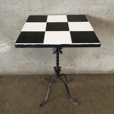Vintage Black &amp; White Checkered Table with Iron Base