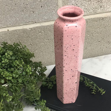 Vintage Vase Retro 1980s Contemporary + Ceramic + Light Pink and Black + Speckled + Hexagon Shape + High Gloss Finish + Home and Table Decor 