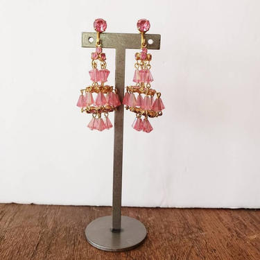 60s Pink Crystal Chandelier Earrings / 1960s Oversized Clip on Dangly Drop Clips Dressy Evening Party / Carina 