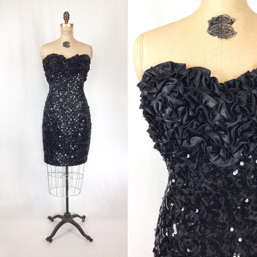Vintage 90s  dress | Vintage black sequins ruffled cocktail dress | 1990s Jessica McClintock Gunne Sax evening gown 