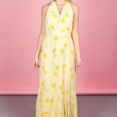 60s Daisy Print Halter Maxi Vintage Yellow White Bright Mod Dress 