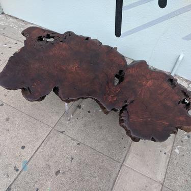 Vintage Reclaimed Burl Redwood Slab Coffee Table with New Lucite Base 