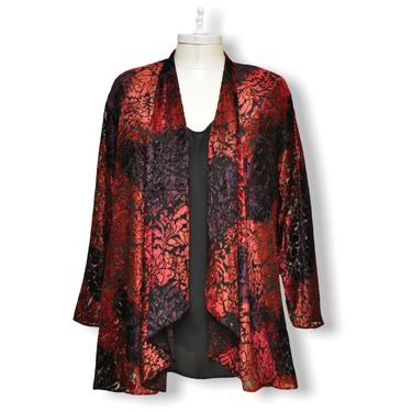 Vintage women’s Open Front Jacket Red and Black Floral Print Velvet Burnout Top xl 
