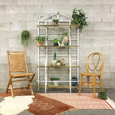 LOCAL PICKUP ONLY Vintage Bakers Rack Retro 1980s White and Gold Metal + Four Open Wire Shelves Bakers Rack + Plant Display or Food Storage 