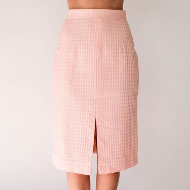 Vintage 90s Richard Tyler Baby Pink Mini Skirt w/ Textured Knit Diamond Polkadot Pattern | Silk Lined | 1990s Designer High Waisted Skirt 