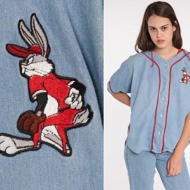 Denim Looney Tunes Shirt Bugs Bunny Jean Shirt Baseball Hoodie Warner Bros Cartoon 90s Button Up Vintage Long Sleeve Extra Large xl l 