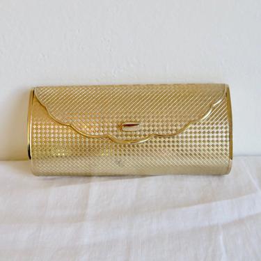 Vintage 1970's Gold Metal Hard Case Clutch with Mirror Purse Evening Cocktail Bag 