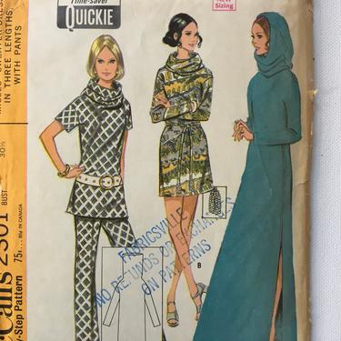 70's Vintage McCall's 2301, Hooded Sweater Dress, Mini Or Evening Length, Pant Suit, Size 6 Bust 30-1/2&amp;quot;. UNCUT 