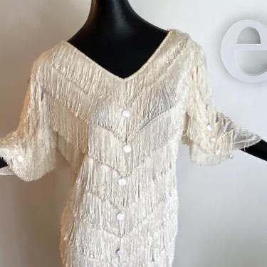 XL Extra Large Flapper Dress Vintage 80s • Great Gatsby • Full Fringe w Paillette Sequins & Rhinestones Cream White Elbow Length Sleeves • 