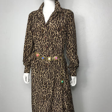 Vtg 80s leopard animal print silky shirt dress MED 