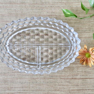 Vintage Fostoria Oval Divided Relish Dish - Clear Glass Divided Three Part - Fostoria American - Pattern 2056 - Cube Style 