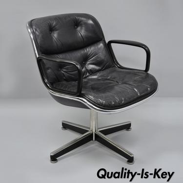 Knoll Charles Pollock Black Tufted Leather Executive Swivel Office Desk Chair