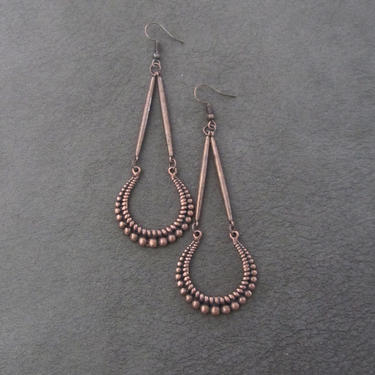 Long copper earrings, statement earrings, bold antique copper earrings, geometric mid century modern earrings, ethnic tribal earrings, boho 