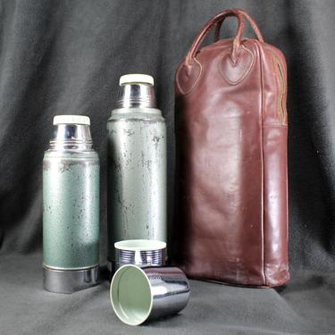 Vintage LL Bean Aladdin Stanley Thermos Set - 64 and 32 ounce Thermal Containers in Leather LL Bean Carrying Case | Free Shipping 