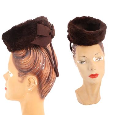 40s NY CREATIONS brown fur tilt hat / vintage 1940s mini cocktail fascinator 1930s 