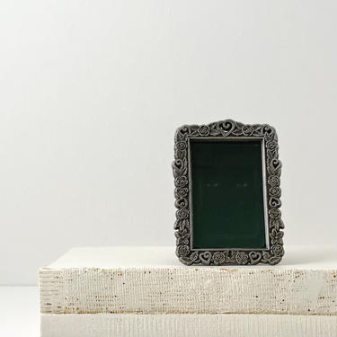 Small Vintage Pewter Photo Frame, 2 x 3 Metal Floral Picture Frame 