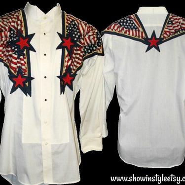 Patriotic Vintage Retro Western Men's Tuxedo Cowboy, Rodeo Shirt, Red White & Blue, Stars and Stripes, 32/33, Approx. Medium-Large 