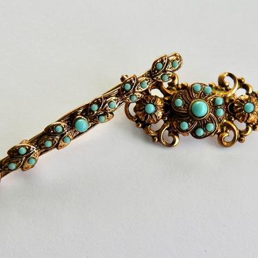 Three Gold Tone Turquoise Glass Brooches 