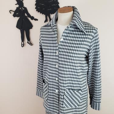 Vintage 1970's Houndstooth Leisure Suit Set / 70s Gray and White Jacket and Pants L/XL 