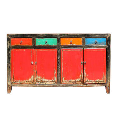 Chinese Distressed Red Multi-Color Drawers Sideboard Table Cabinet cs5917E 