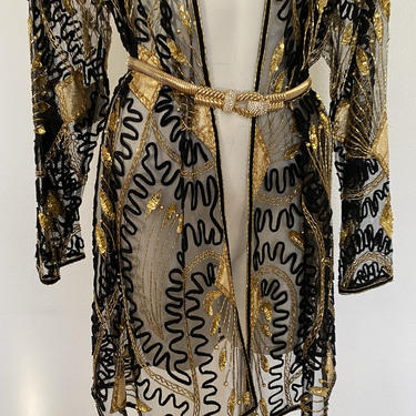 1980’s Vintage Sequin Duster, gold sequin beaded duster, green art deco abstract long duster coat,  heavily embellished vintage jacket, 22 
