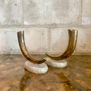 Brass Horn and Marble Base Candlesticks