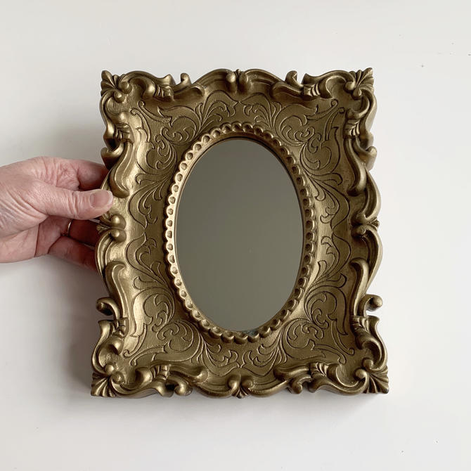 Vintage Faux Wood Wall Mirror Small, Ornate Gold Mirror Small
