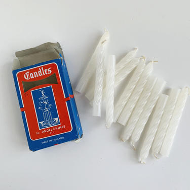 Box of Vintage Candles for Angel Chimes, 12 Unused White Twist Candles, Small Taper Candles, Big Birthday Cake Candles 
