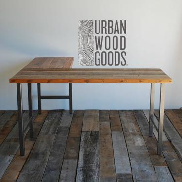 Barnwood Desk in L Shape with reclaimed wood and steel H legs. Custom designs welcome-choose height, size, thickness, finish, configuration. 
