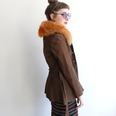 Vintage 70s Suede and Fur Jacket/ 1970s Penny Lane Orange Shearling Fur Collar Brown Leather Coat/ XS 