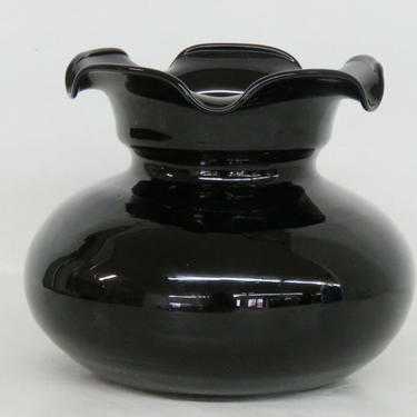 Black Glass Bulbous Crimped Ruffled Edge Vase Vintage 2382B
