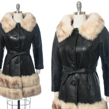 Vintage 1970s Princess Coat | 70s Shearling Fur Trim Black Leather Almost Famous Belted Trench Coat (small) 