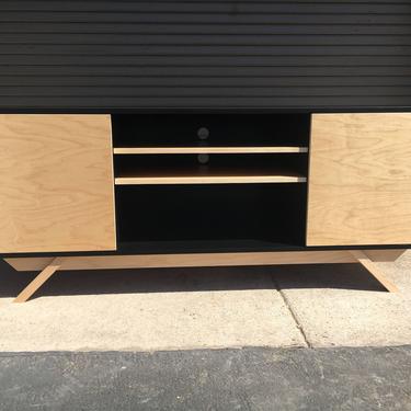NEW Hand Built Mid Century Inspired TV Stand. Maple & Black 2 door with center shelf and angled leg base. Buffet / Credenza / TV Console 