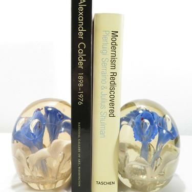 VTG Mid Century GLASS SUSPENDED BUBBLES & FLOWERS BOOKENDS Paperweight RETRO