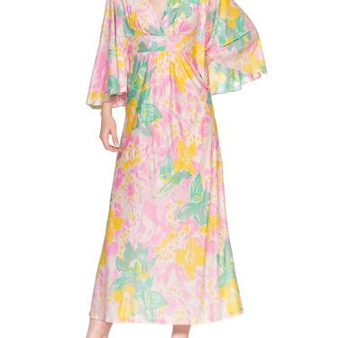 1970'S Baby Pink Floral Acetate Tricot Jersey Flowy Maxi Dress Cape Sleeve Kaftan 