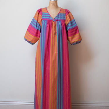 1980s Striped Puff Sleeve Dress / 80s Lounge Dress 