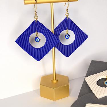 Evil Eye Square Hoops, Available in Blue or White, Mal De Ojo Earrings, Gift for Her, Spiritual Jewelry 