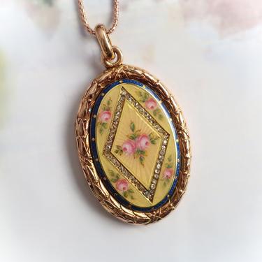 Antique French Rose Floral Guilloche Enamel Diamond Locket 18K Yellow Gold 