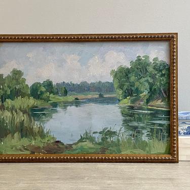 Vintage Landscape Oil Painting En Plein Air Lakeside Impressionist Scene 