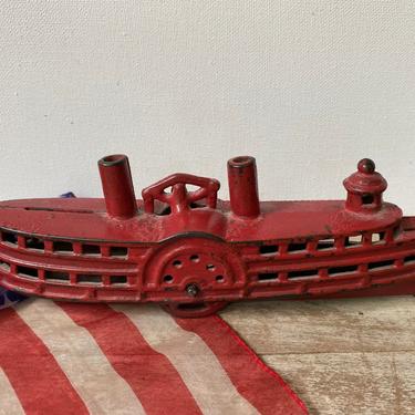 Vintage Cast Iron Toy Steamboat A.C. Williams, Cast Iron Red River Boat, Antique Toy Paddle Boat Bank 