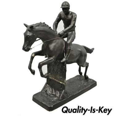 Antique Painted Spelter Horse &amp; Jockey Sculpture Statue Figure Marked H. Fugere
