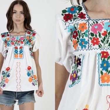 White Cotton Mexican Tunic Vintage 70s Bright Floral Hand Embroidered Authentic Made In Mexico Festival Fiesta Blouse Womens Top 